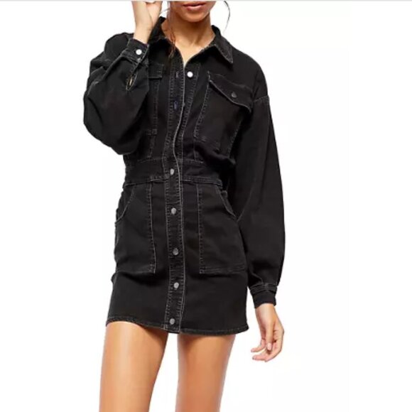 Free People Dresses & Skirts - NWT Free People Black Denim Long Sleeve Shirt Dress Size XL